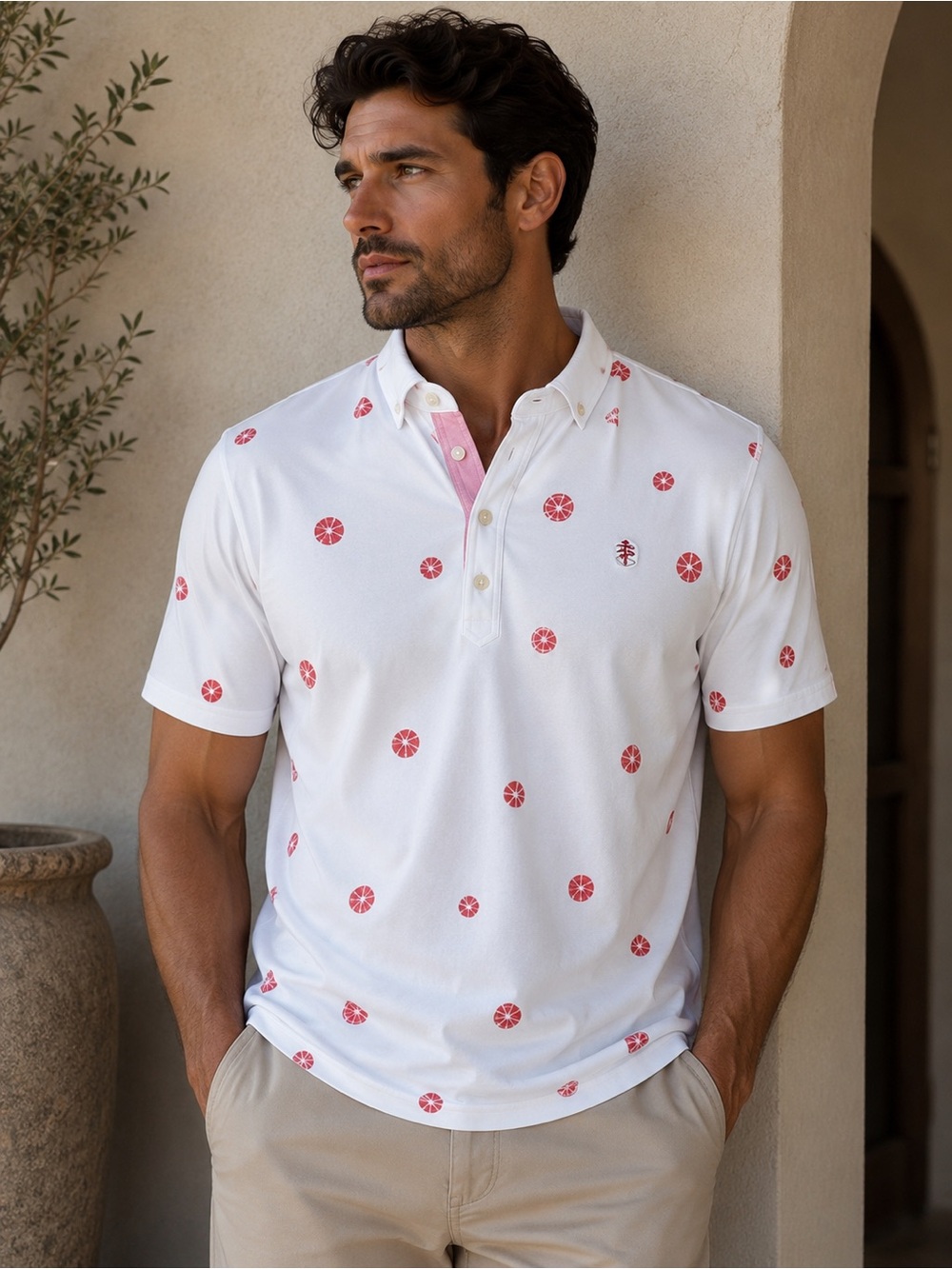 JOHNNIE-O White and Pink Grapefruit Men's Polo Shirt L